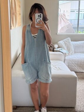 Light Blue Denim Romper Playsuit - Casual Women's Short Overalls